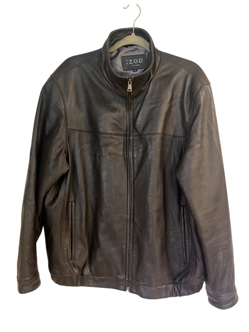 VTG Izod Leather Bomber Jacket Mens XL Dark Brown Lined interior pockets Zip